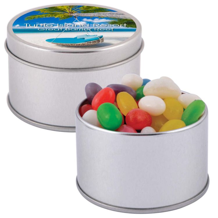 Picture of Assorted Colour Mini Jelly Beans in Silver Round Tin