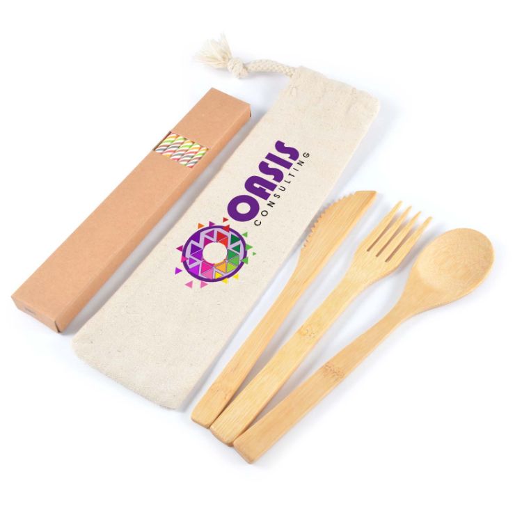 Picture of Miso Bamboo Cutlery Set & Straws in Calico Pouch