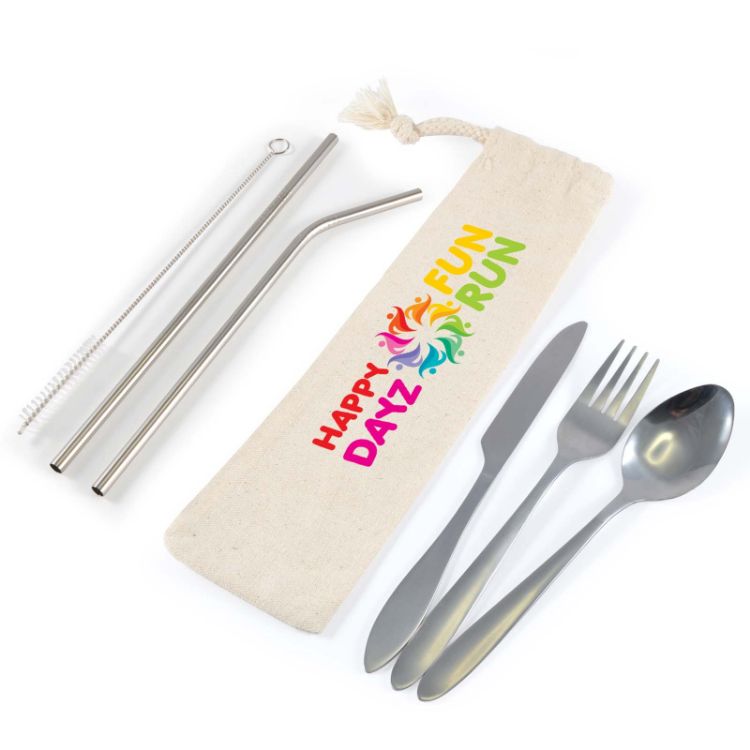 Picture of Banquet Stainless Steel Cutlery & Straw Set in Calico Pouch