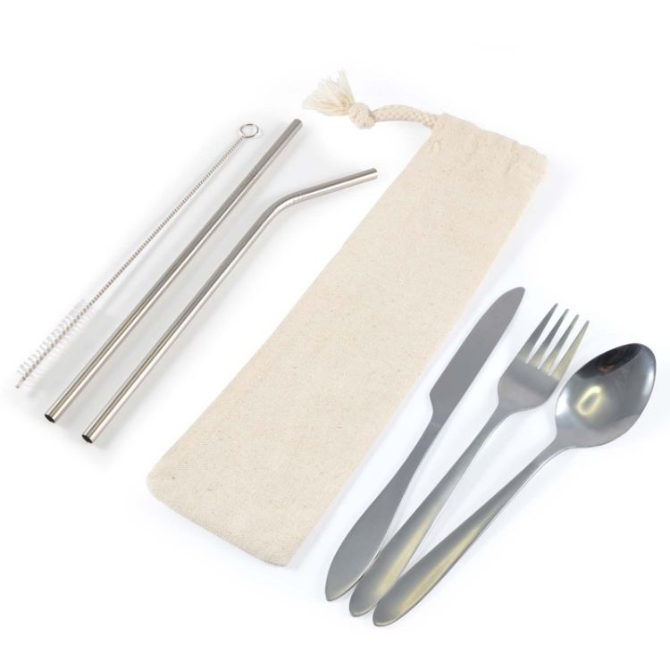 Picture of Banquet Stainless Steel Cutlery & Straw Set in Calico Pouch