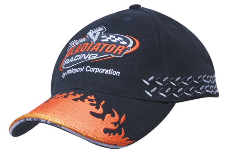 Picture of Brushed Heavy Cotton Cap with Flame Embroidery on Peak & Side Flag Embroidery